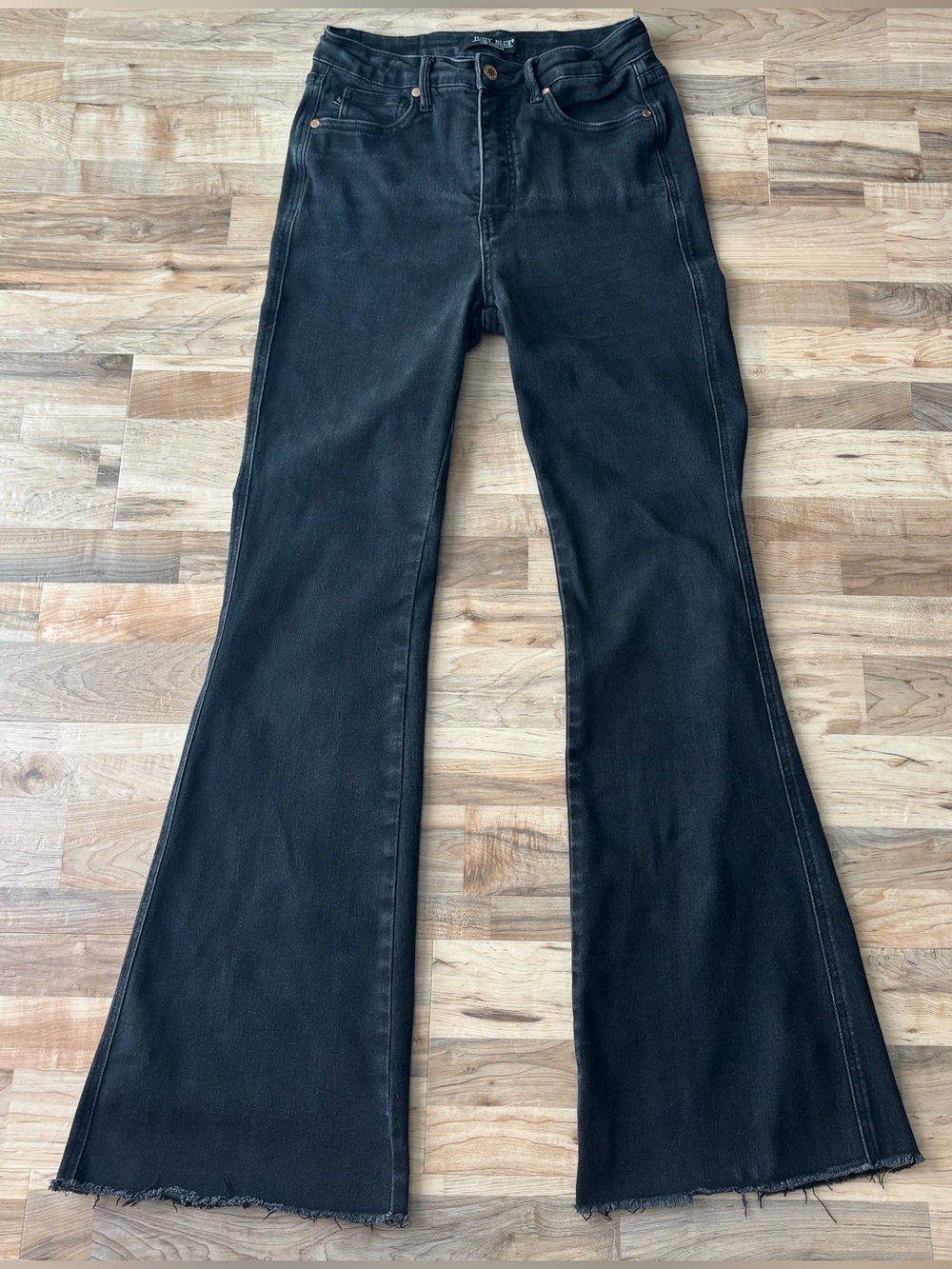Judy Blue Tummy Control Black Flare Jeans 7/28 High Rise Raw Hem Black
